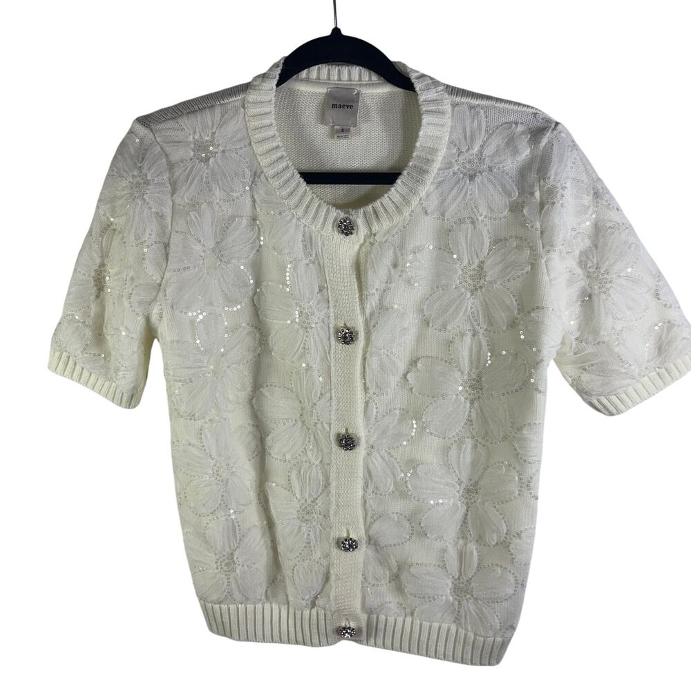 Maeve Anthropologie Ivory Floral Sequin Knit Cardigan Short Sleeve Small Sweater